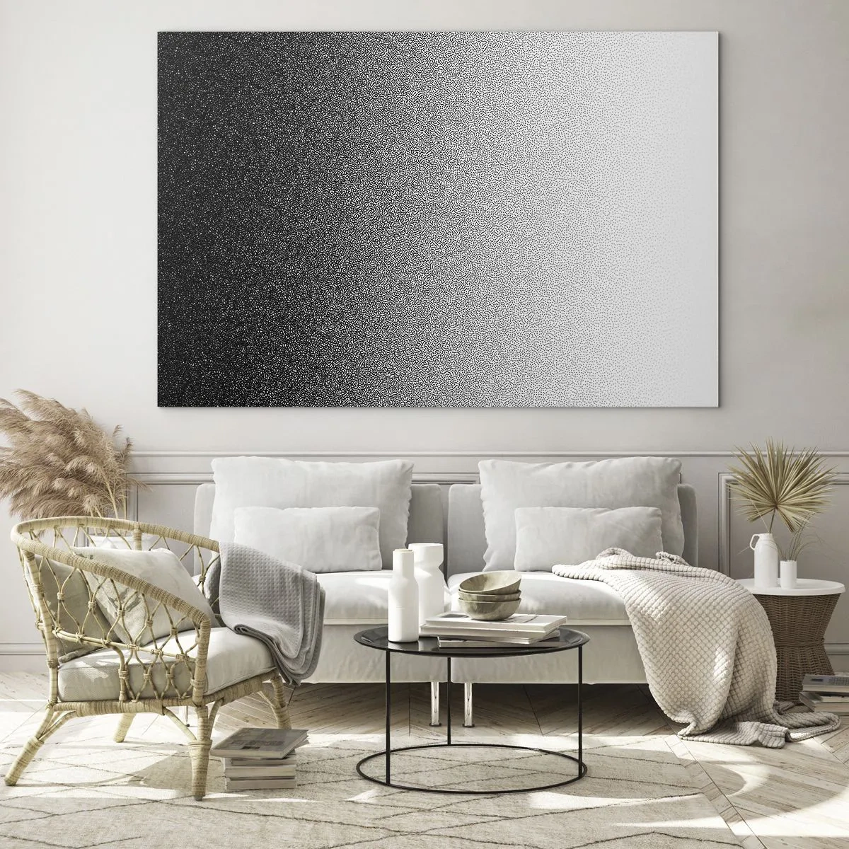 Obraz na szkle - Czarno-biały gradient z efektem ziarnistości i światła - 70x50cm - W stronę światła - Nowoczesna dekoracja ścienna do salonu i sypialni ARTTOR
