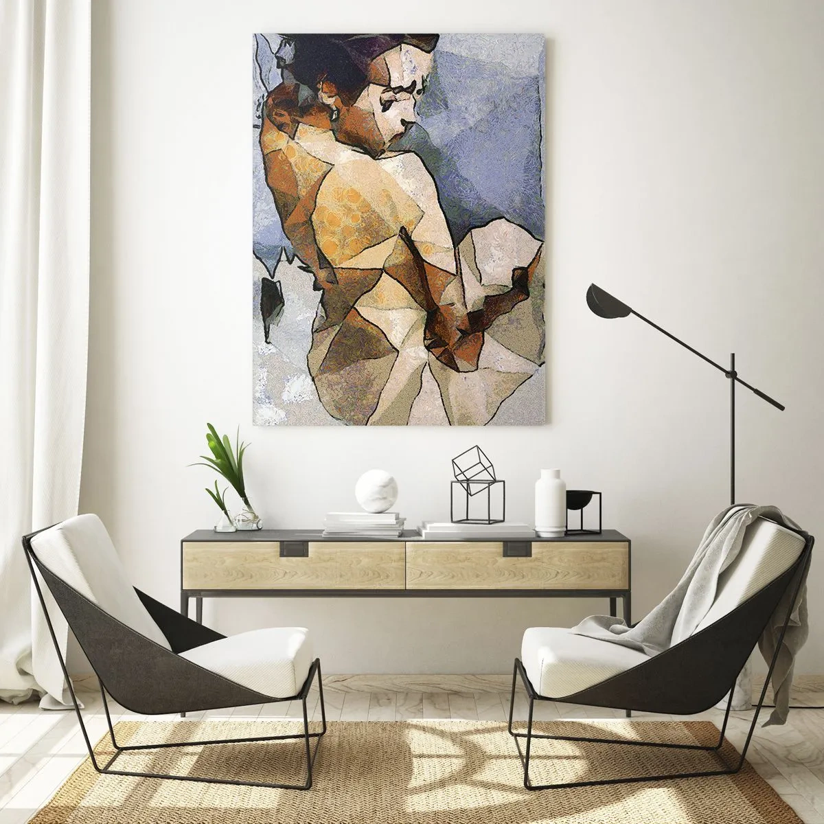 Obraz na szkle - Kubistyczna kompozycja przedstawiająca kobietę w odcieniach beżu i błękitu - 70x100cm - W duchu kubizmu - Nowoczesna dekoracja ścienna do salonu i sypialni ARTTOR