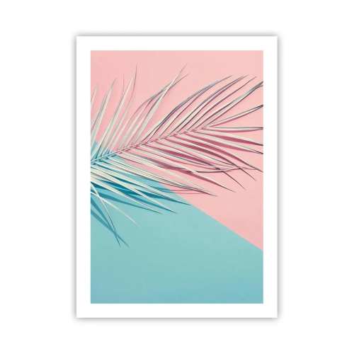 Plakat - Palma na tle pastelowych różowo-błękitnych kolorów - 50x70cm - Tropikalna impresja - Nowoczesna dekoracja ścienna do salonu, kuchni i sypialni ARTTOR