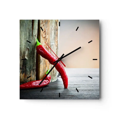 Zegar ścienny - Dwie czerwone papryczki chili na drewnianym tle z rustykalnym akcentem - 30x30cm - Red hot chili peppers - Nowoczesna dekoracja ścienna do salonu i sypialni ARTTOR