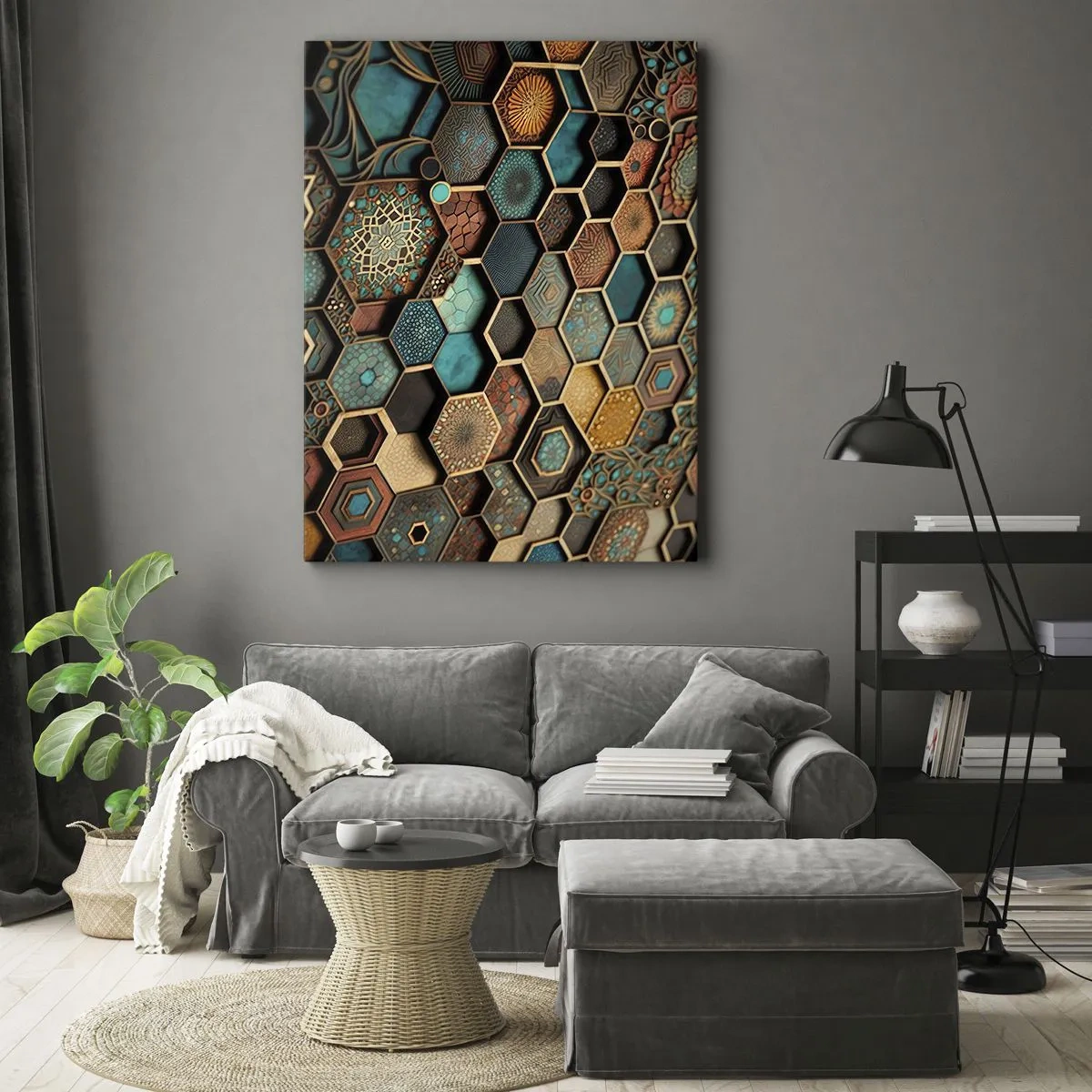 Obraz na płótnie - Mozaika sześciokątnych kafli z orientalnymi wzorami w turkusie i złocie - 50x70cm - Arabskie ornamenty – wariacja - Nowoczesna dekoracja ścienna do salonu, kuchni i sypialni ARTTOR