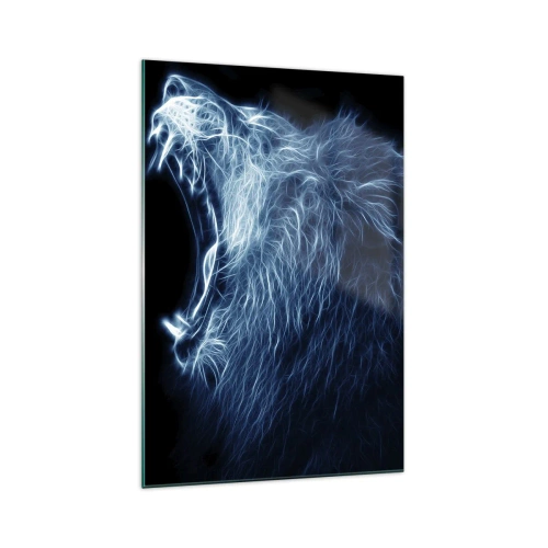 Obraz na szkle - Efektowne oblicze lwa w neonowym stylu - 70x100cm - Płomienny gniew króla - Nowoczesna dekoracja ścienna do salonu i sypialni ARTTOR