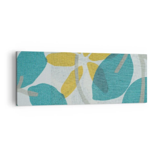 Obraz na płótnie - Liście w odcieniach turkusu i żółci na jasnym tle - 140x50cm - Wśród lazurowych liści - Nowoczesna dekoracja ścienna do salonu i sypialni ARTTOR
