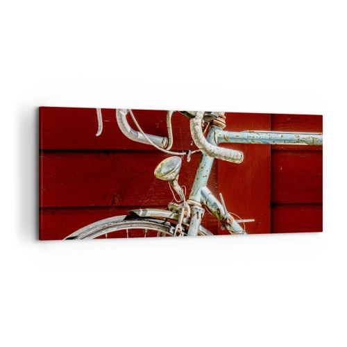 Obraz na płótnie - Zabytkowy rower na tle czerwonej drewnianej ściany - 120x50cm - Stworzony do zwycięstw - Nowoczesna dekoracja ścienna do salonu i sypialni ARTTOR