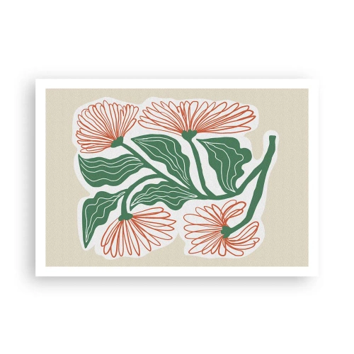 Plakat - Rysunek kwiatów w stylu minimalistycznym z zielonymi liśćmi - 100x70cm - Ludowe i nowoczesne - Nowoczesna dekoracja ścienna do salonu i sypialni ARTTOR