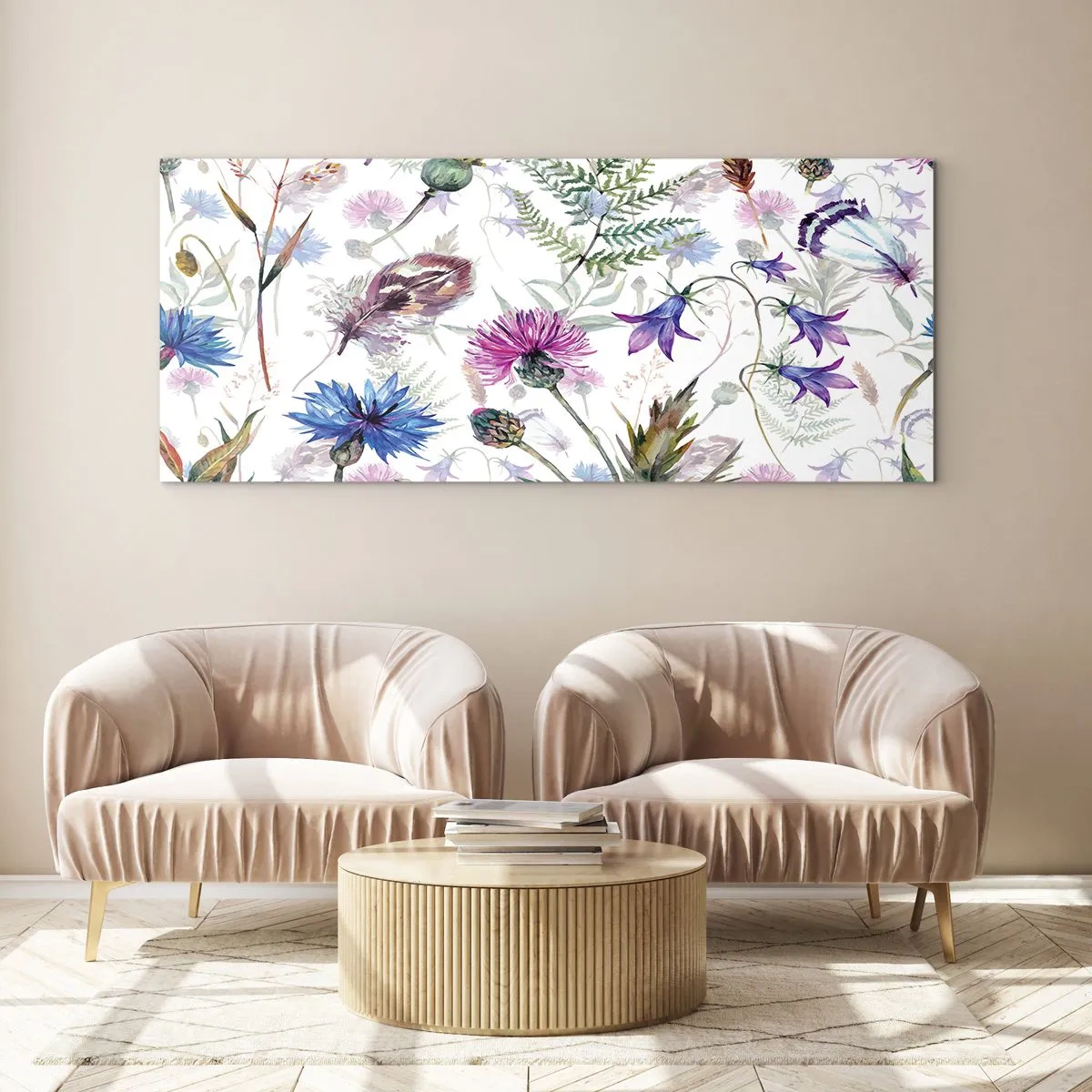 Obraz na szkle - Akwarelowe kwiaty i zioła na białym tle w stylu zielnika - 160x50cm - Polski zielnik - Nowoczesna dekoracja ścienna do salonu i sypialni ARTTOR