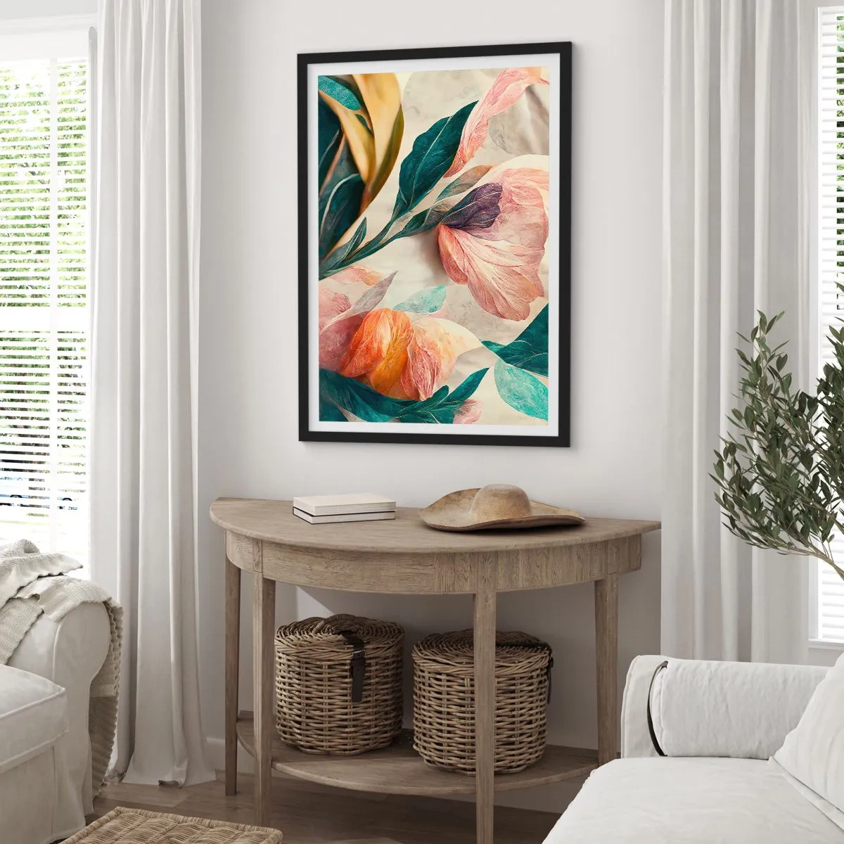 Plakat w czarnej ramie - Kolorowe kwiaty i liście w artystycznej kompozycji - 50x70cm - Kwiaty wysp południowych - Nowoczesna dekoracja ścienna do salonu i sypialni ARTTOR