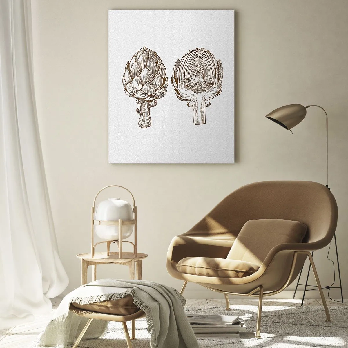 Obraz na szkle - Botaniczny rysunek karczocha w całości i w przekroju - 50x70cm - Lekcja anatomii - Nowoczesna dekoracja ścienna do salonu, kuchni i sypialni ARTTOR