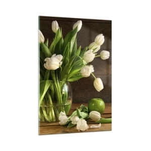 Obraz na szkle - Bukiet białych tulipanów w szklanym wazonie z zielonymi jabłkami - 80x120cm - Soczyste i świeże w zieleni i bieli - Nowoczesna dekoracja ścienna do salonu i sypialni ARTTOR