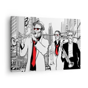 Obraz na płótnie - Ilustracja muzyków jazzowych na tle miejskiej scenerii - 70x50cm - Miejska rapsodia w czerni i czerwieni - Nowoczesna dekoracja ścienna do salonu i sypialni ARTTOR