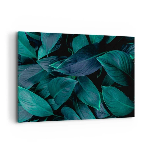 Obraz na płótnie - Zbliżenie na zielone liście z ciemnym tłem - 120x80cm - Zieleń sama w sobie - Nowoczesna dekoracja ścienna do salonu, kuchni i sypialni ARTTOR