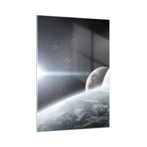 Obraz na szkle - Planety w kosmicznej przestrzeni z promieniem światła - 50x70cm - Kosmiczna muzyka sfer - Nowoczesna dekoracja ścienna do salonu, kuchni i sypialni ARTTOR