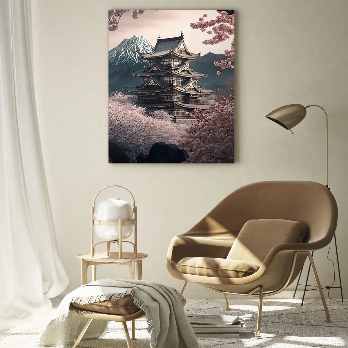 Obraz na szkle - Japońska świątynia otoczona kwitnącymi wiśniami i górami - 70x100cm - Kraj kwitnącej wiśni - Nowoczesna dekoracja ścienna do salonu i sypialni ARTTOR