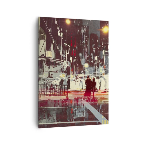 Obraz na płótnie - Dwoje ludzi przechodzących przez ruchliwe miasto nocą w deszczu - 50x70cm - Wielkomiejska przeprawa - Nowoczesna dekoracja ścienna do salonu, kuchni i sypialni ARTTOR