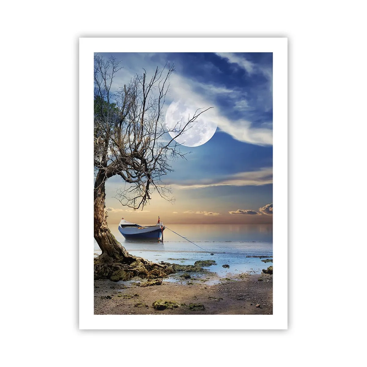Plakat - Krajobraz z łodzią, drzewem i księżycem na tle spokojnej wody - 50x70cm - To koniec czy początek? - Nowoczesna dekoracja ścienna do salonu, kuchni i sypialni ARTTOR