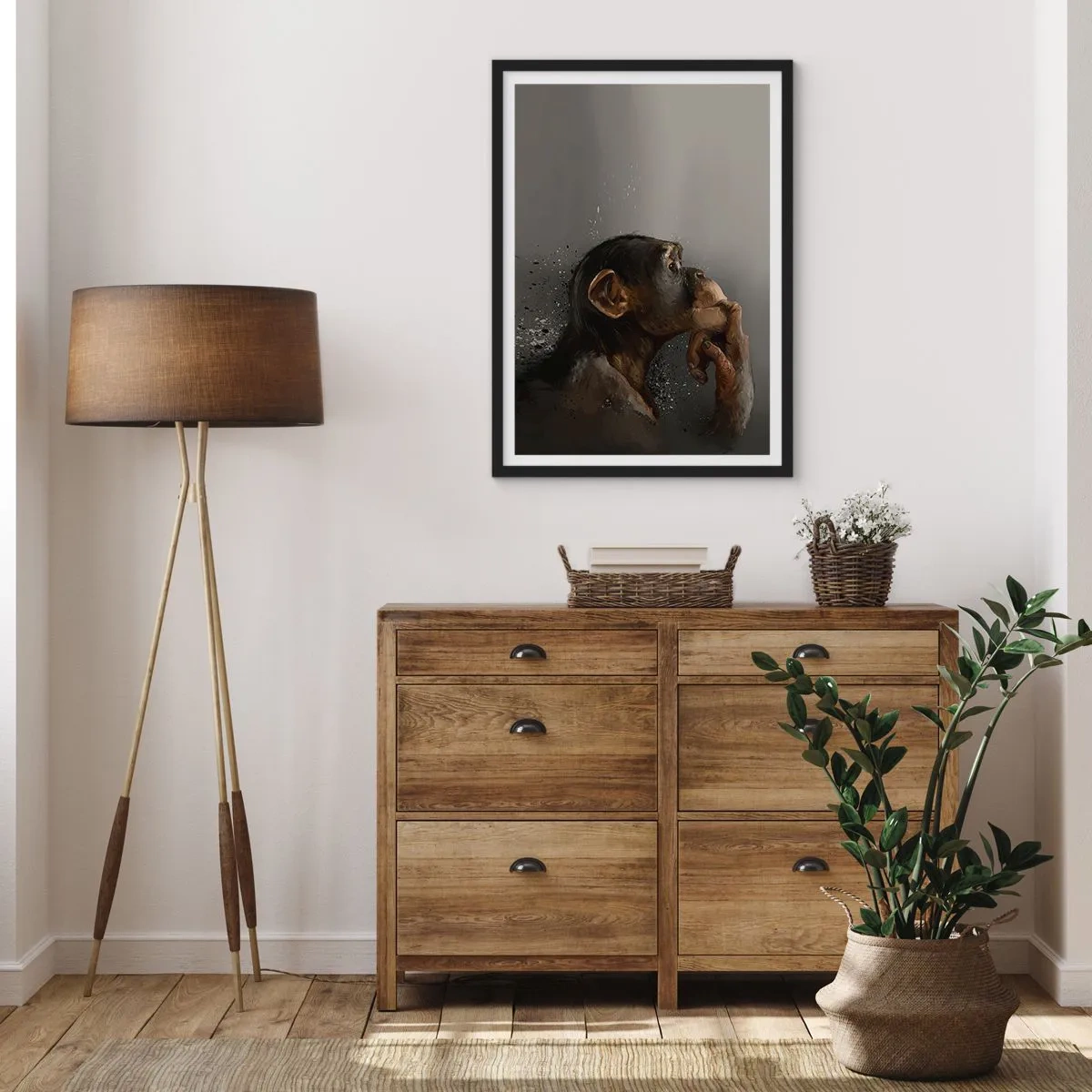 Plakat w czarnej ramie - Portret myślącej małpy w delikatnych szarościach z abstrakcyjnym tłem - 50x70cm - Z pewnością myśliciel - Nowoczesna dekoracja ścienna do salonu i sypialni ARTTOR