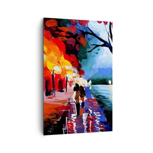 Obraz na płótnie - Jesienny spacer alejką z widokiem na wodę - 80x120cm - Płomienna jesień w parku - Nowoczesna dekoracja ścienna do salonu i sypialni ARTTOR