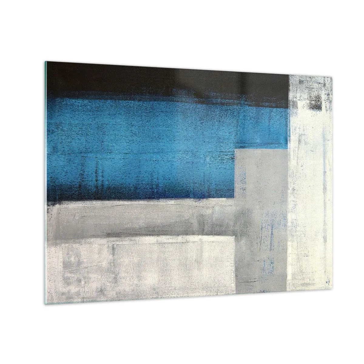 Obraz na szkle - Geometryczna abstrakcja w błękicie, szarości i bieli - 70x50cm - Kompozycja poetycka szarości i błękitu - Nowoczesna dekoracja ścienna do salonu i sypialni ARTTOR