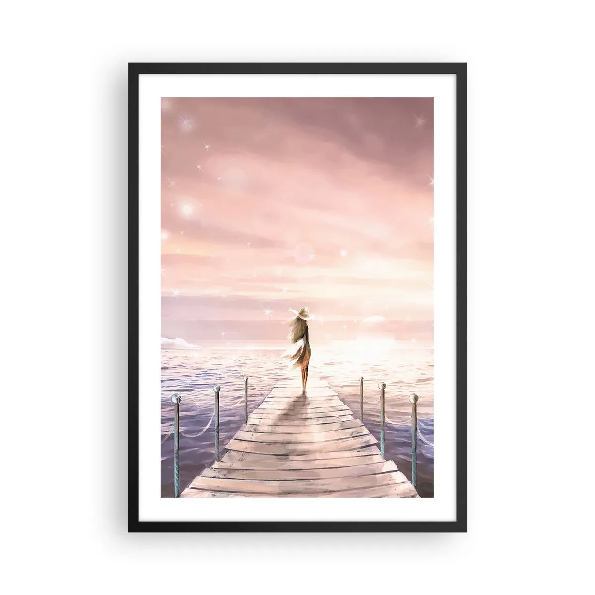 Plakat w czarnej ramie - Romantyczny pomost o zachodzie słońca z kobietą w kapeluszu - 50x70cm - W świetle marzenia - Nowoczesna dekoracja ścienna do salonu i sypialni ARTTOR