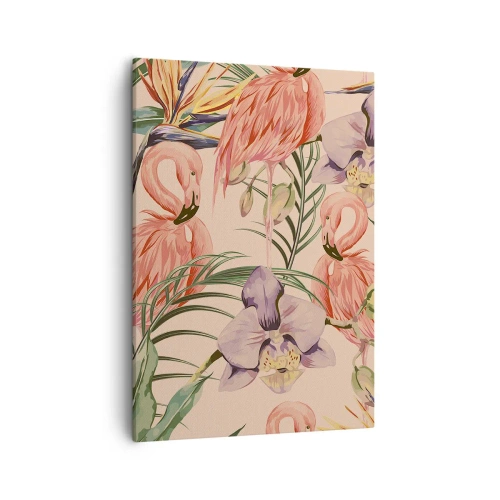 Obraz na płótnie - Egzotyczne flamingi i tropikalne kwiaty - 50x70cm - Różowy balet w kwiatach - Nowoczesna dekoracja ścienna do salonu, kuchni i sypialni ARTTOR