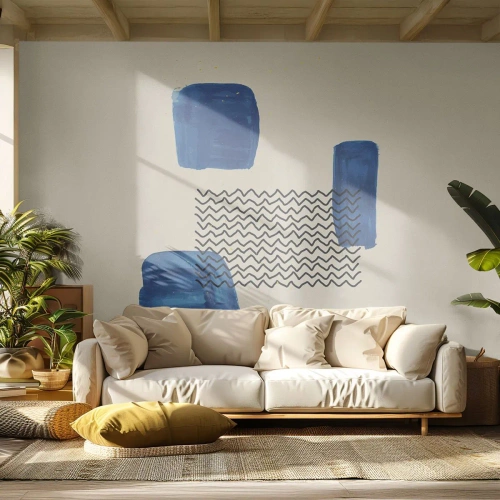 Fototapeta Premium Canvas - Abstrakcyjna kompozycja z niebieskimi plamami i falistymi liniami - 100x70cm - Abstrakcyjny kwartet - Nowoczesna dekoracja ścienna do salonu i sypialni ARTTOR