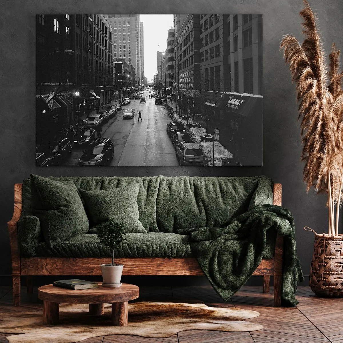 Obraz na płótnie - Czarno-biała ulica w środku miasta z samochodami i pieszymi - 70x50cm - Kolejny dzień jak co dzień - Nowoczesna dekoracja ścienna do salonu i sypialni ARTTOR