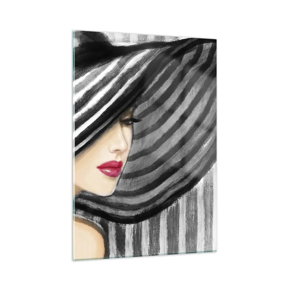 Obraz na szkle - Stylowa kobieta w kapeluszu w biało-czarne paski - 50x70cm - Gdzie ciebie szukać? - Nowoczesna dekoracja ścienna do salonu, kuchni i sypialni ARTTOR