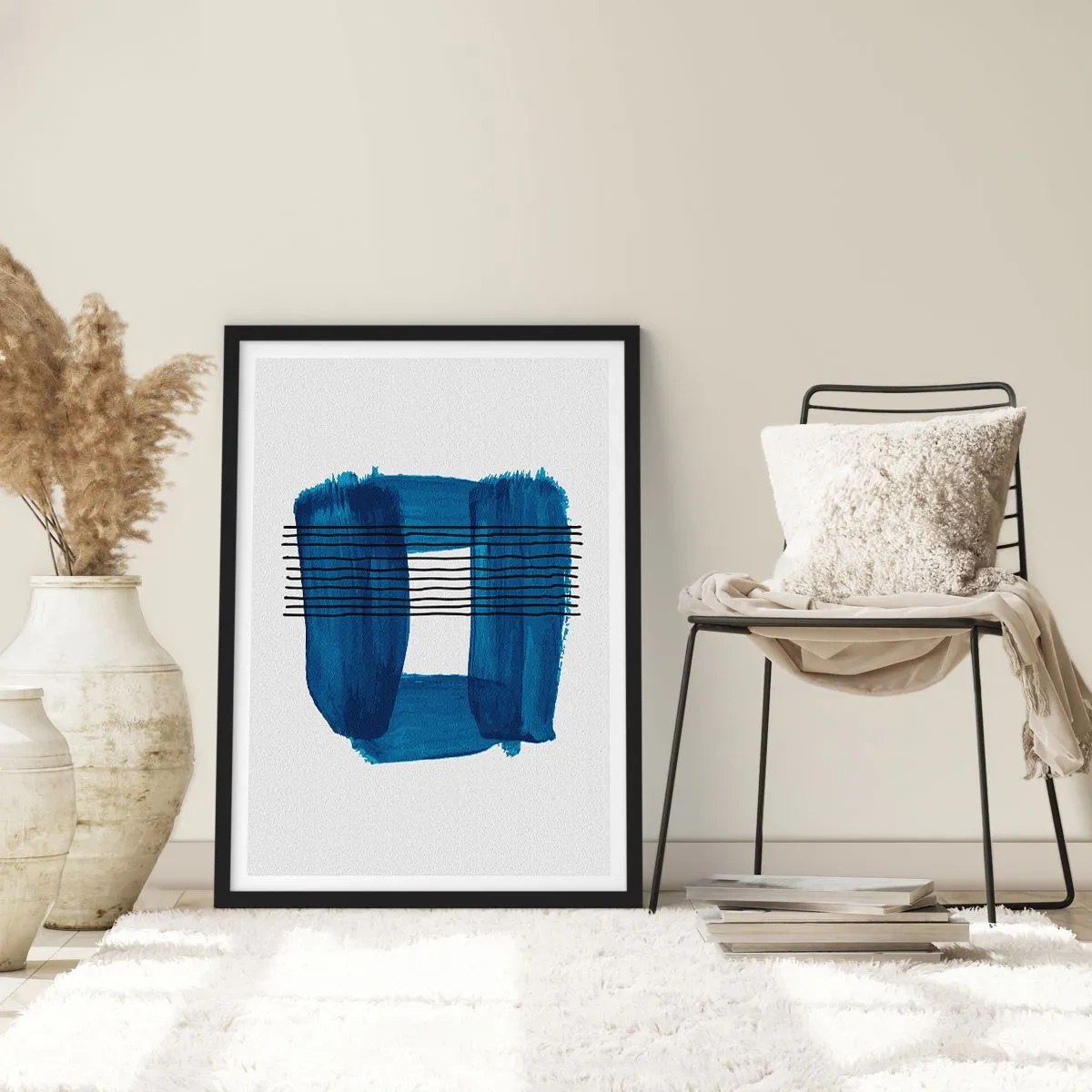 Plakat w czarnej ramie - Abstrakcyjna kompozycja w odcieniach niebieskiego - 50x70cm - Niebiesko-czarna kompozycja - Nowoczesna dekoracja ścienna do salonu i sypialni ARTTOR