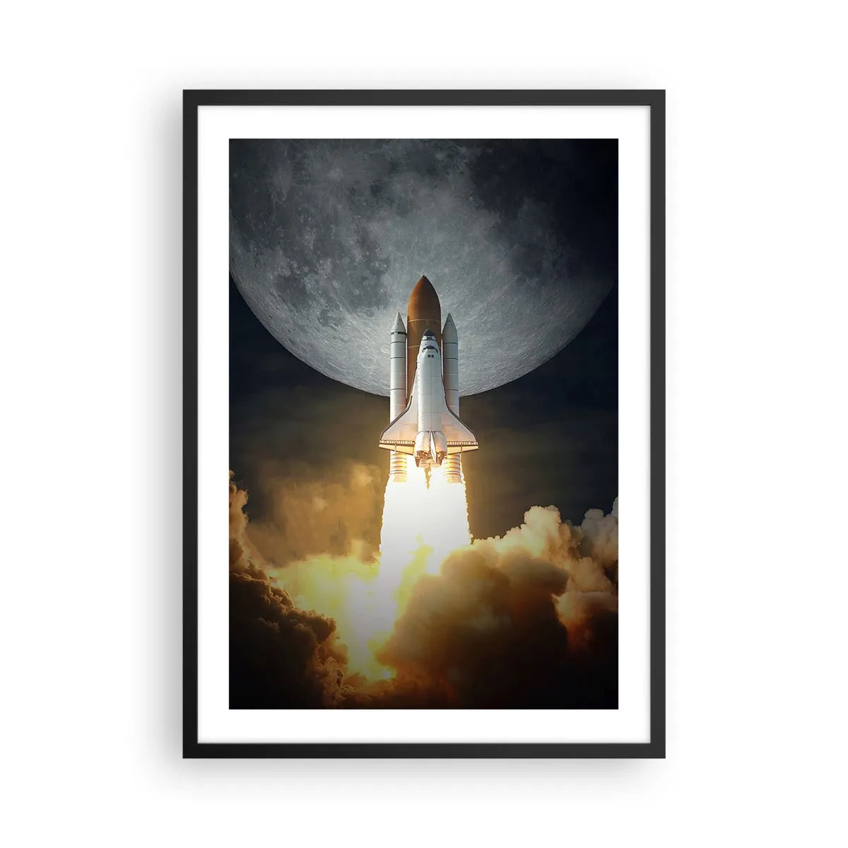 Plakat w czarnej ramie - Start wahadłowca kosmicznego na tle Księżyca - 50x70cm - Początek nieziemskiej przygody - Nowoczesna dekoracja ścienna do salonu i sypialni ARTTOR