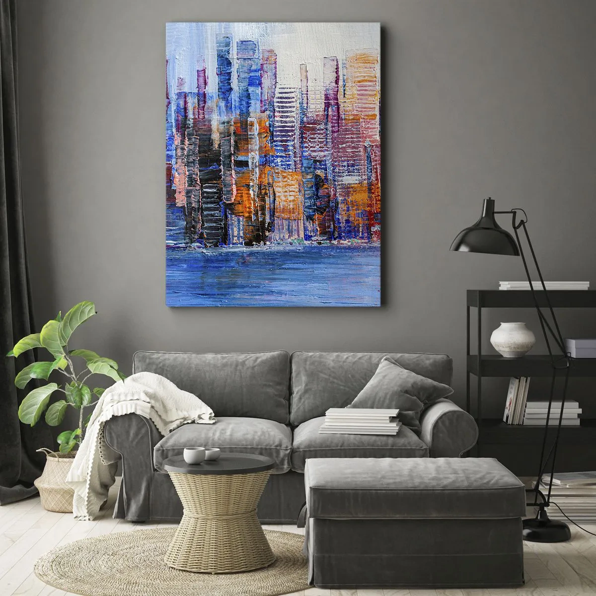 Obraz na płótnie - Abstrakcyjna panorama miasta w intensywnych barwach niebieskiego i pomarańczowego - 50x70cm - Radosna metropolia - Nowoczesna dekoracja ścienna do salonu, kuchni i sypialni ARTTOR