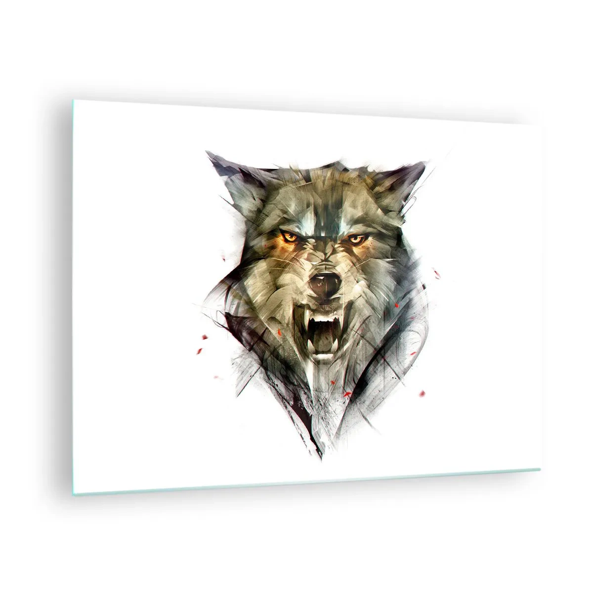 Obraz na szkle - Grafika groźnego wilka z otwartym pyskiem i intensywnym spojrzeniem - 70x50cm - Ani kroku! - Nowoczesna dekoracja ścienna do salonu i sypialni ARTTOR