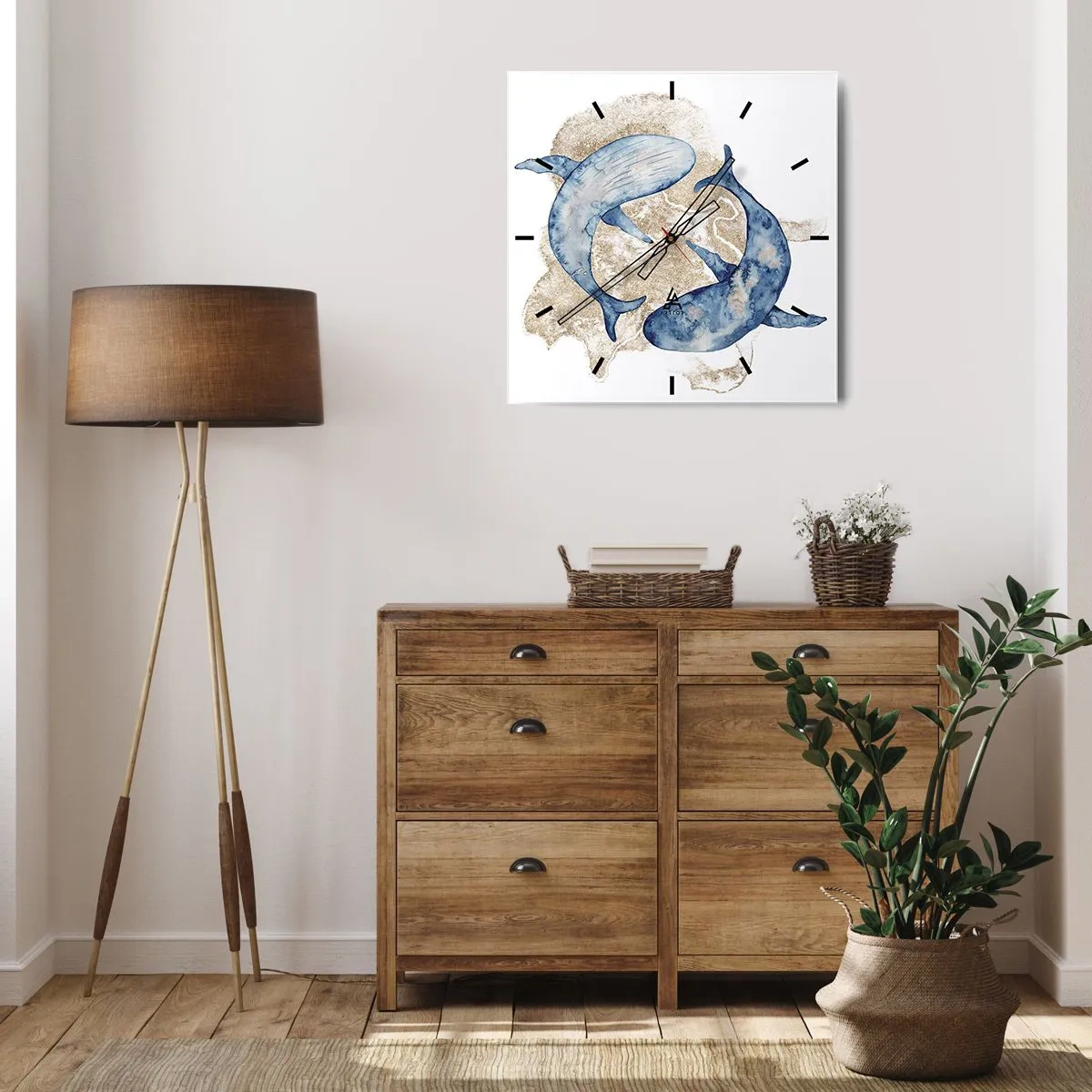 Zegar ścienny - Abstrakcyjne niebieskie wieloryby na jasnym tle - 30x30cm - Przyjaźń czy kochanie? - Nowoczesna dekoracja ścienna do salonu i sypialni ARTTOR