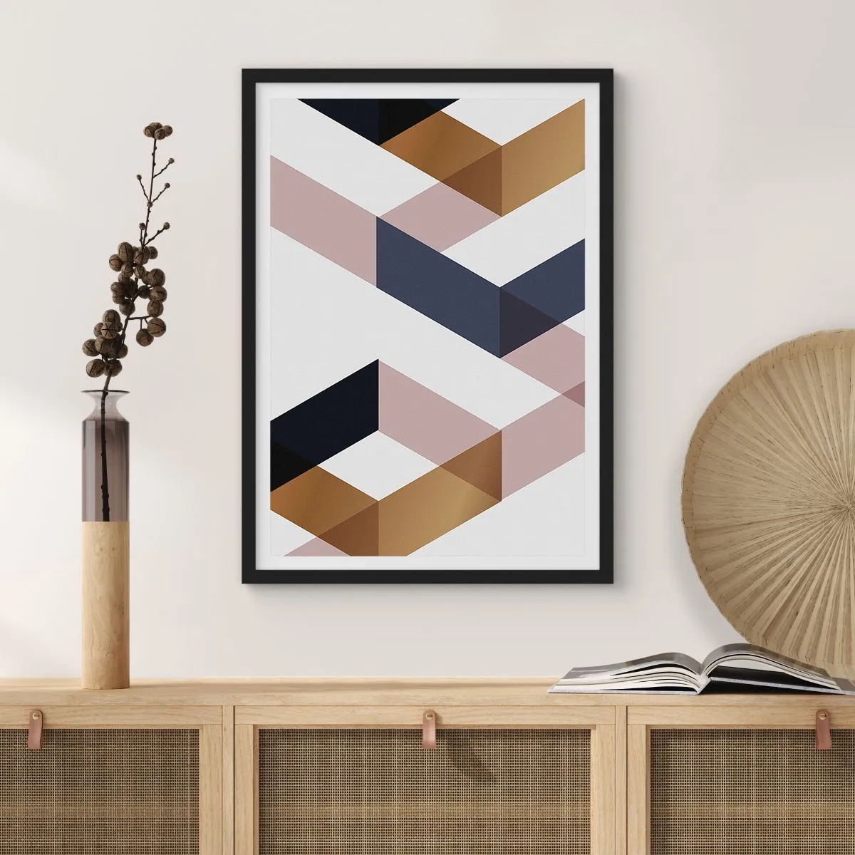 Plakat w czarnej ramie - Geometryczne kształty w odcieniach złota, czerni i beżu - 50x70cm - Płaszczyzny i kąty - Nowoczesna dekoracja ścienna do salonu i sypialni ARTTOR