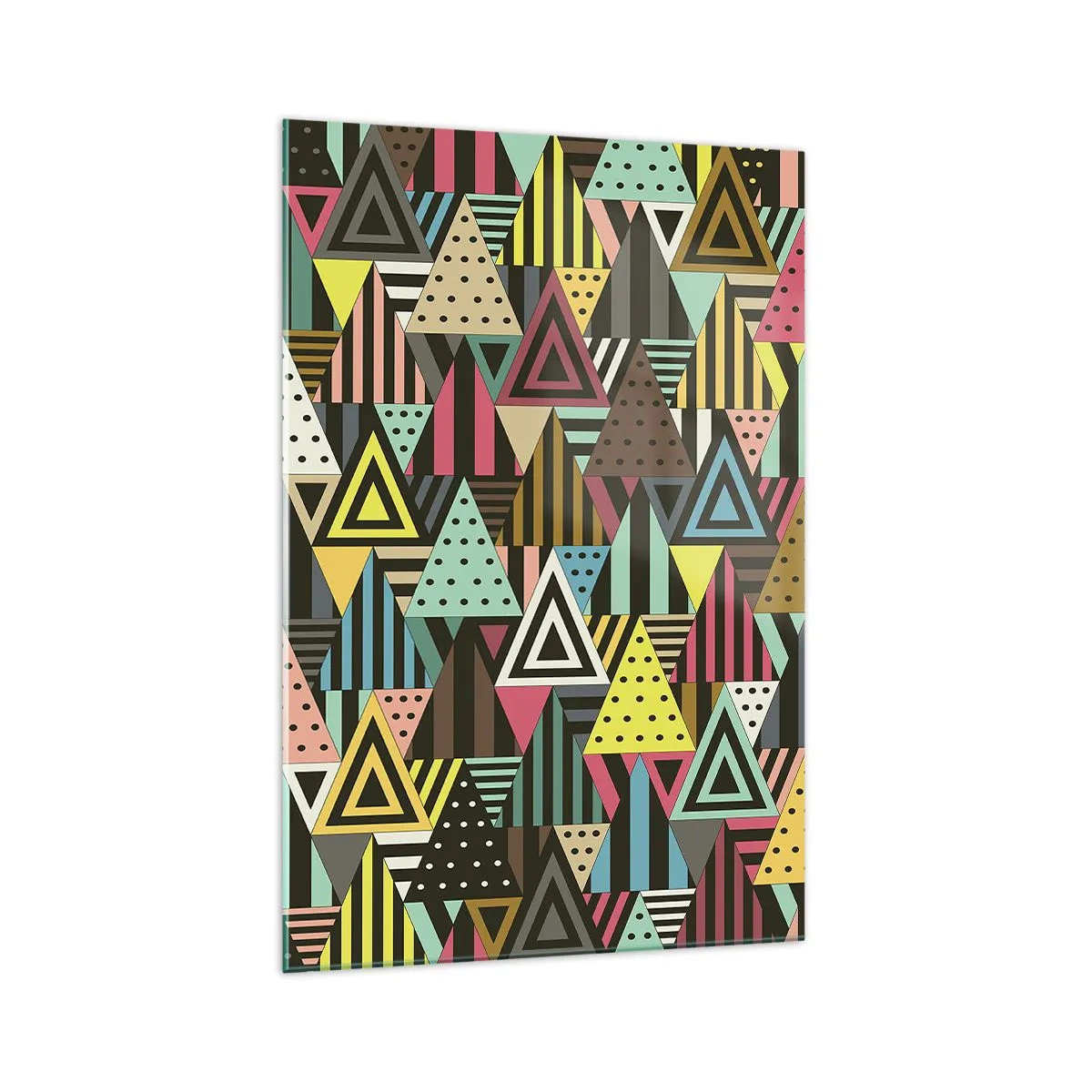 Obraz na szkle - Kolorowy wzór geometryczny z trójkątami i liniami - 70x100cm - W rytmie na trzy - Nowoczesna dekoracja ścienna do salonu i sypialni ARTTOR