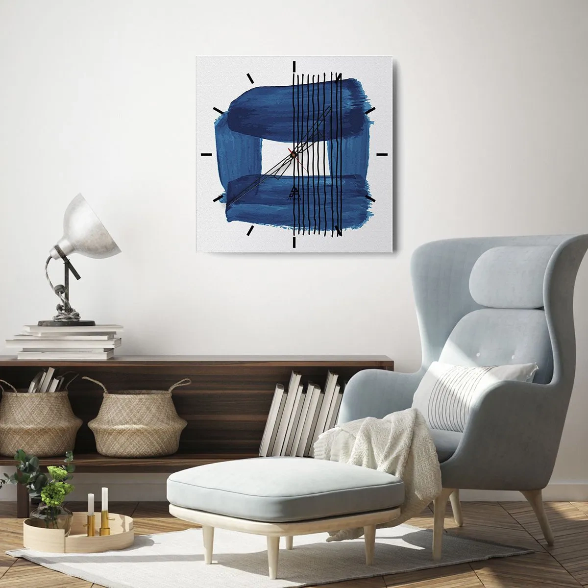 Zegar ścienny - Abstrakcyjny wzór w odcieniach błękitu z czarnymi liniami - 30x30cm - Niebiesko-czarna kompozycja - Nowoczesna dekoracja ścienna do salonu i sypialni ARTTOR