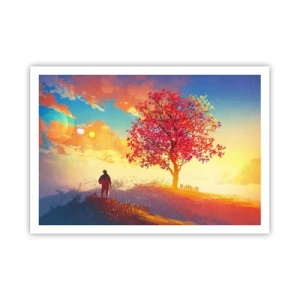 Plakat - Postać na wzgórzu obok kolorowego drzewa w świetle zachodzącego słońca - 100x70cm - Pielgrzym u celu - Nowoczesna dekoracja ścienna do salonu i sypialni ARTTOR
