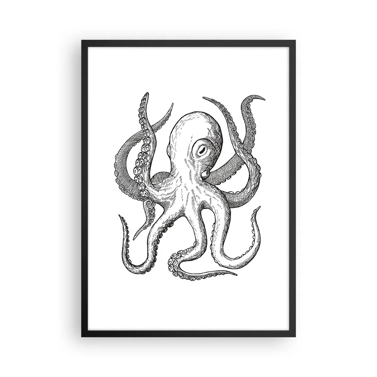 Plakat w czarnej ramie - Czarno-biała ilustracja ośmiornicy w stylu vintage - 50x70cm - Tańcząca z falami - Nowoczesna dekoracja ścienna do salonu i sypialni ARTTOR