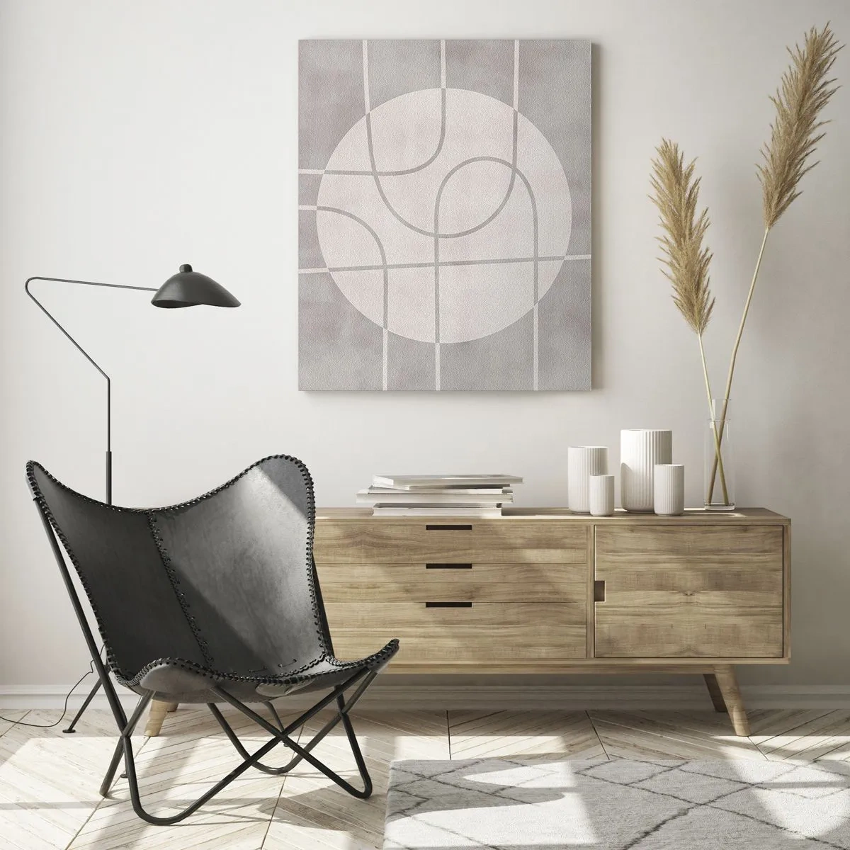 Obraz na szkle - Beżowe linie i okręgi tworzące geometryczną kompozycję - 50x70cm - Koliście i na wprost - Nowoczesna dekoracja ścienna do salonu, kuchni i sypialni ARTTOR
