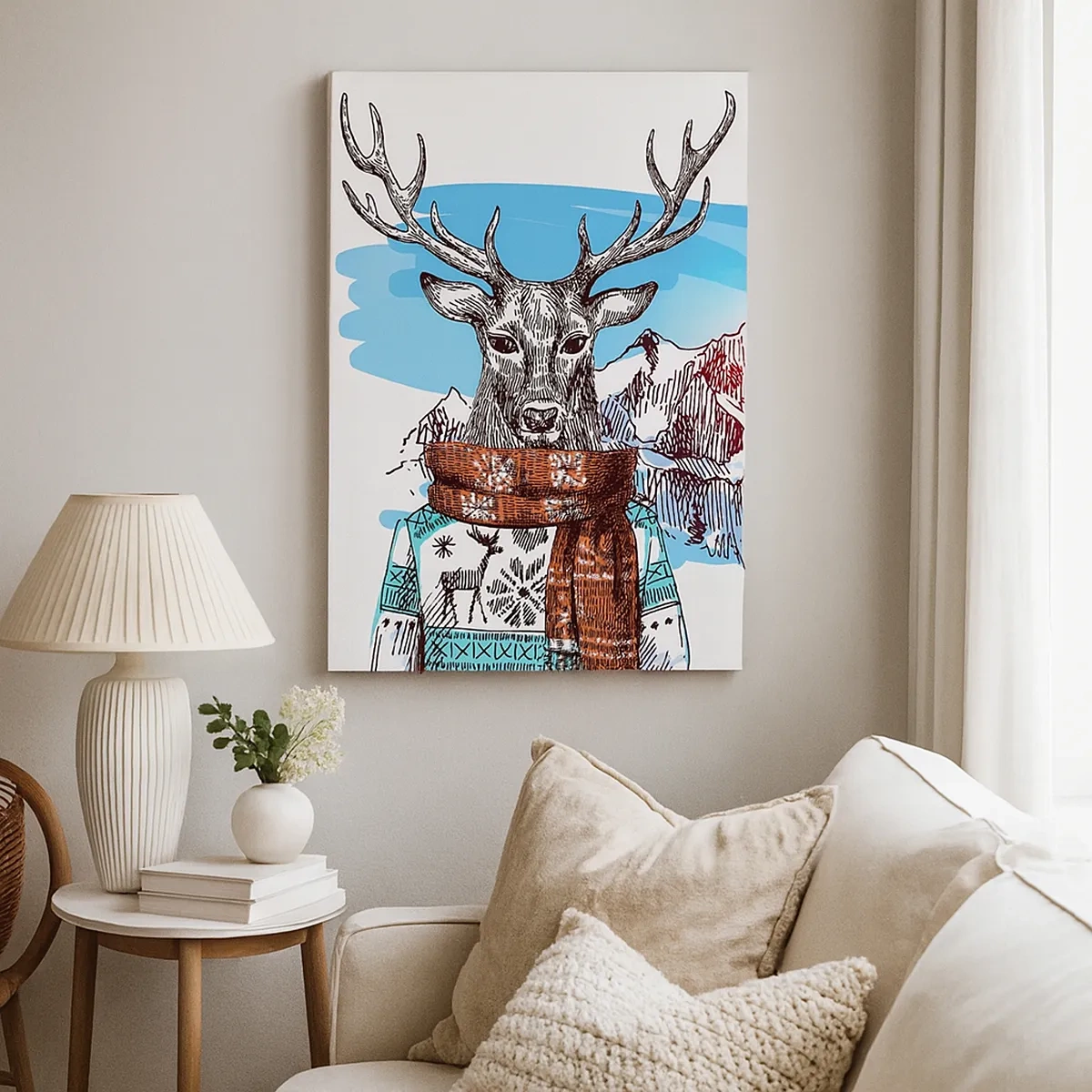 Obraz na płótnie - Ilustracja jelenia w zimowym swetrze na tle gór - 50x70cm - Nawet jeleń nie marznie  - Nowoczesna dekoracja ścienna do salonu, kuchni i sypialni ARTTOR