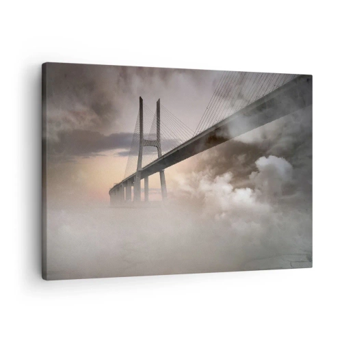 Obraz na płótnie - Most nad rzeką w otoczeniu mgły o poranku - 70x50cm - Nad rzeką, której nie ma - Nowoczesna dekoracja ścienna do salonu i sypialni ARTTOR