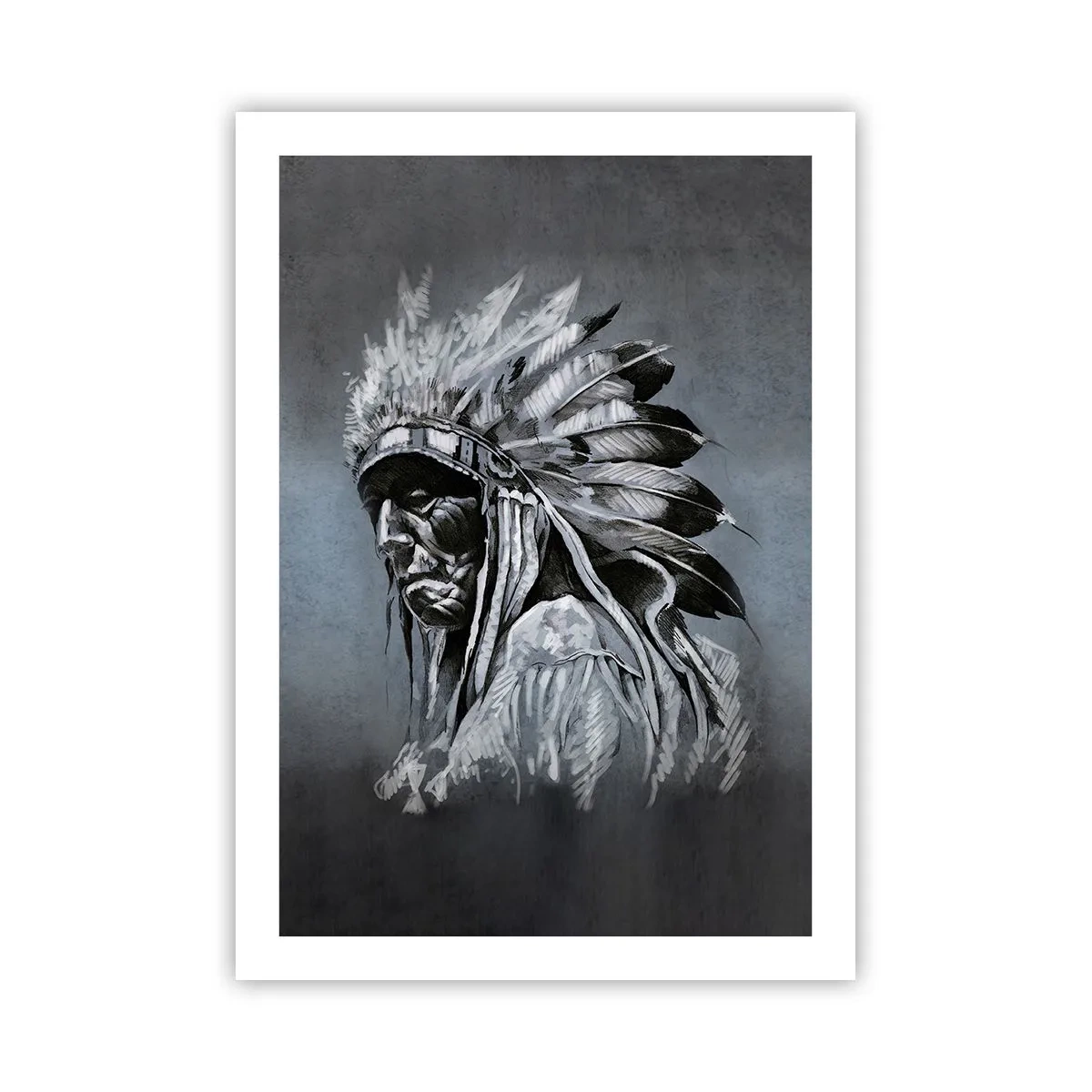 Plakat - Portret wodza indiańskiego w pióropuszu na szarym tle - 50x70cm - Powrót do korzeni - Nowoczesna dekoracja ścienna do salonu, kuchni i sypialni ARTTOR