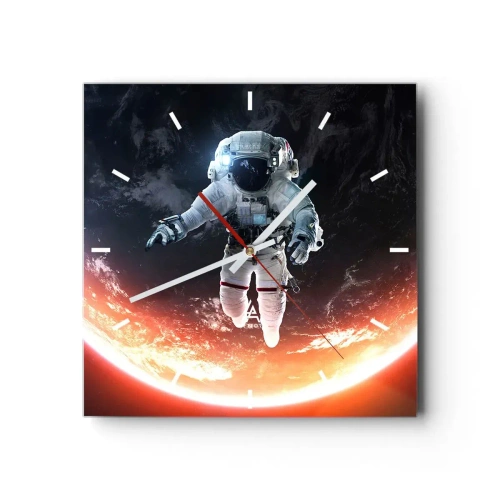 Zegar ścienny - Astronauta unoszący się nad Ziemią oświetloną słońcem - 30x30cm - Mogę zostać jeszcze chwilę? - Nowoczesna dekoracja ścienna do salonu i sypialni ARTTOR