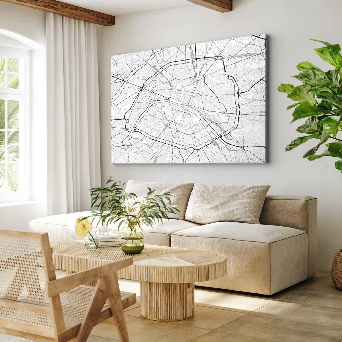 Obraz na płótnie - Minimalistyczna mapa miasta w czerni i bieli - 70x50cm - Kwiat Paryża - Nowoczesna dekoracja ścienna do salonu i sypialni ARTTOR