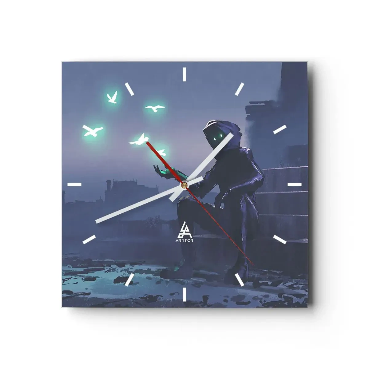 Zegar ścienny - Postać w kapturze z magicznymi ptakami na tle miasta - 30x30cm - Życie powróci - Nowoczesna dekoracja ścienna do salonu i sypialni ARTTOR