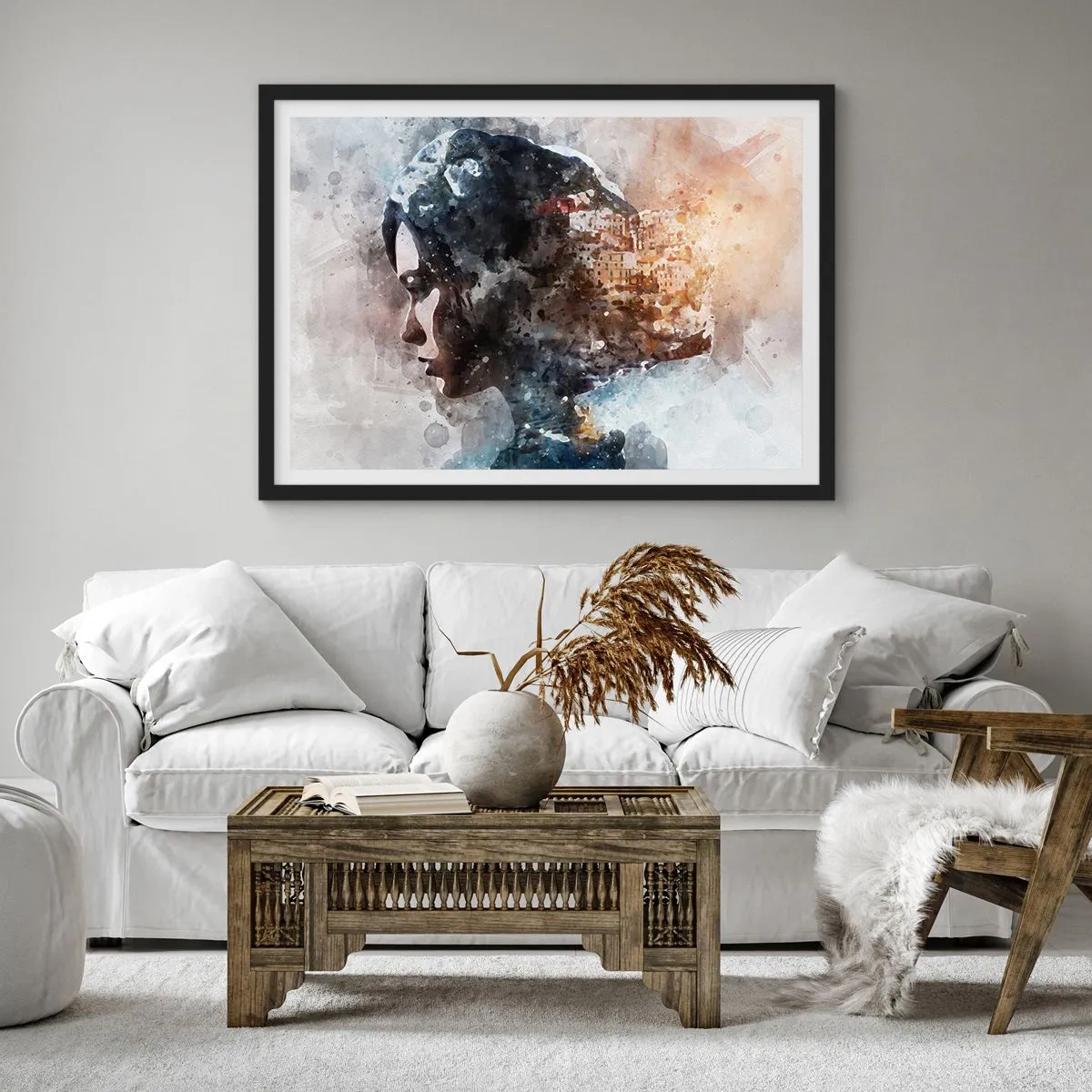 Plakat w czarnej ramie - Portret kobiety łączący twarz z miejskim krajobrazem w tle - 100x70cm - Opowieść o dziewczynie z miastem w tle - Nowoczesna dekoracja ścienna do salonu i sypialni ARTTOR