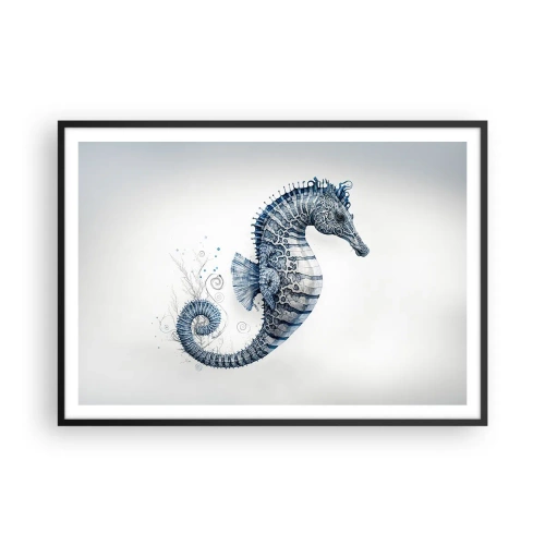 Plakat w czarnej ramie - Konik morski w odcieniach niebieskiego z detalami akwareli - 100x70cm - Subtelny żart natury - Nowoczesna dekoracja ścienna do salonu i sypialni ARTTOR