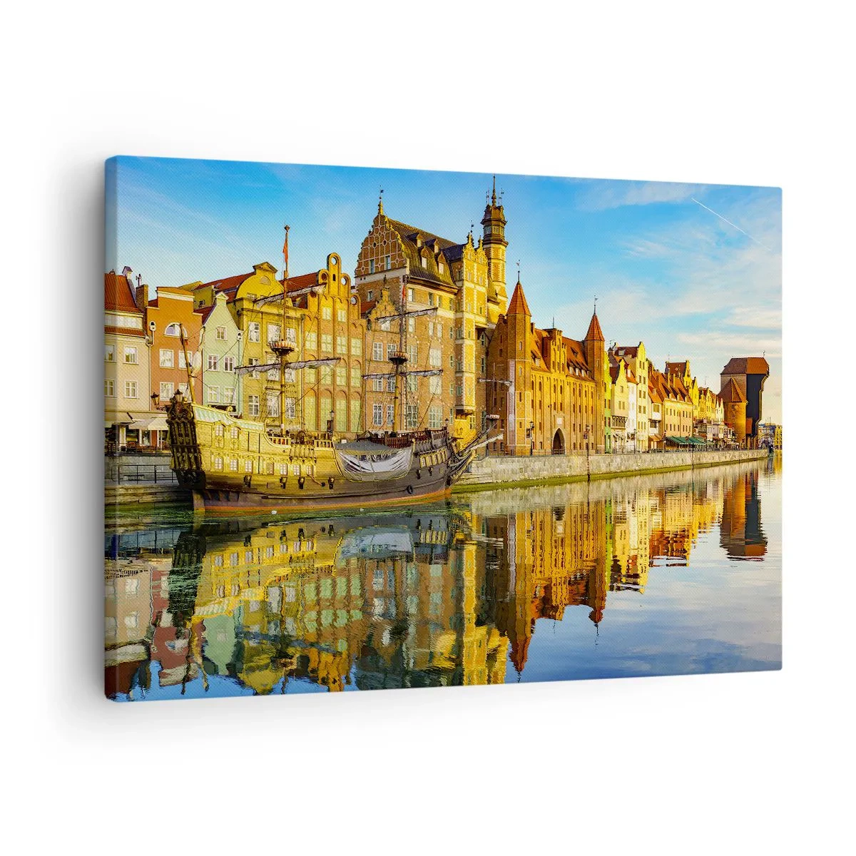 Obraz na płótnie - Malowniczy widok na stare miasto z żaglowcem i wodą - 70x50cm - Lustrzane odbicie przeszłości - Nowoczesna dekoracja ścienna do salonu i sypialni ARTTOR