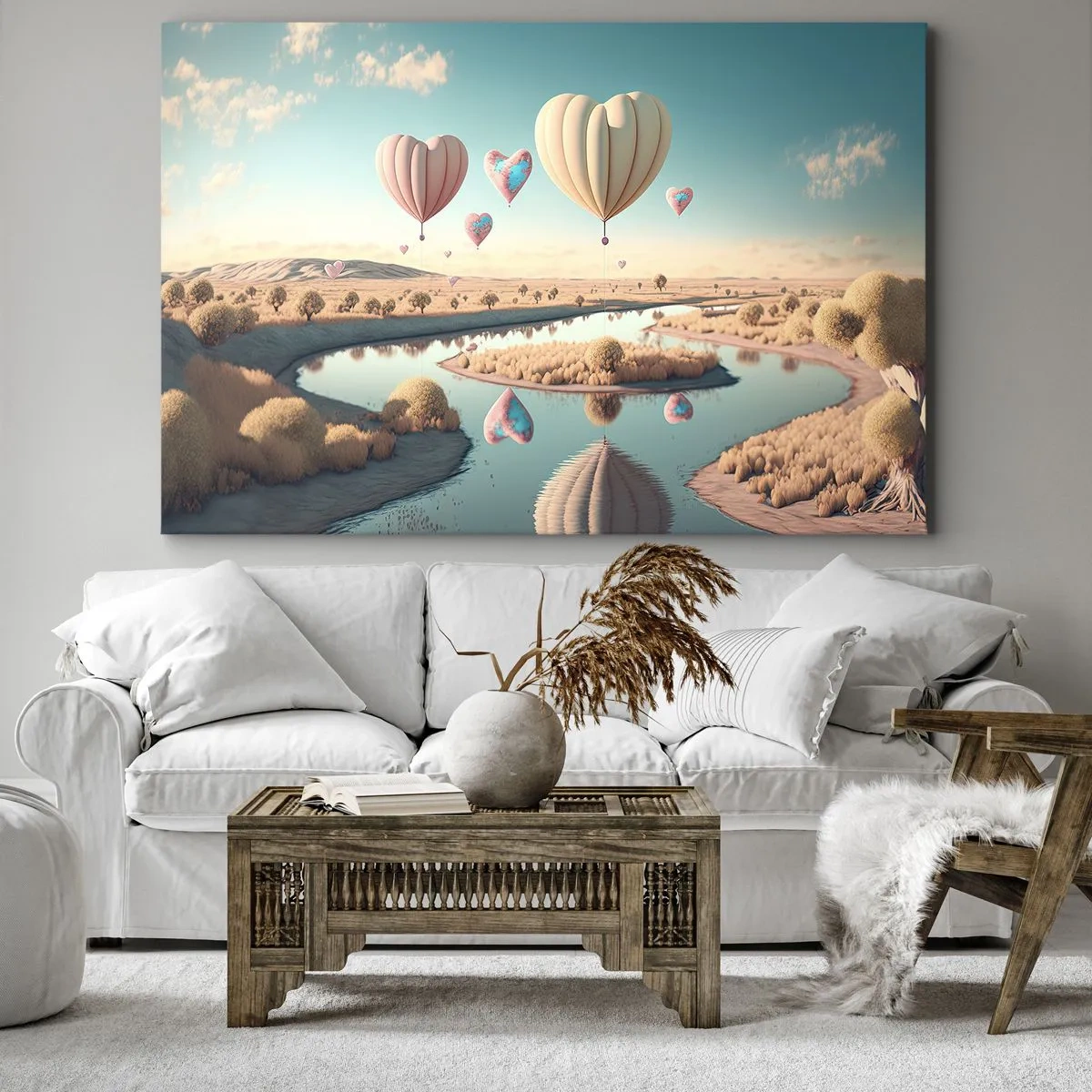 Obraz na płótnie - Balony w kształcie serc unoszące się nad krajobrazem - 70x50cm - Miłość pozwala wznieść się - Nowoczesna dekoracja ścienna do salonu i sypialni ARTTOR
