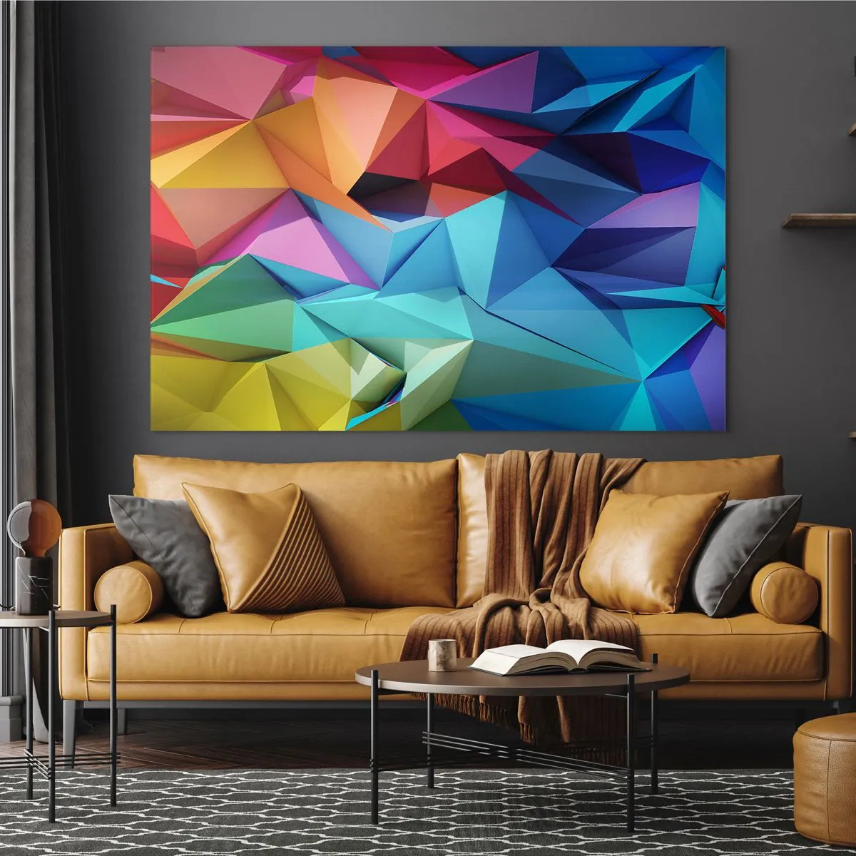 Obraz na szkle - Geometryczna kompozycja w intensywnych, wielobarwnych odcieniach - 70x50cm - Tęczowe origami - Nowoczesna dekoracja ścienna do salonu i sypialni ARTTOR