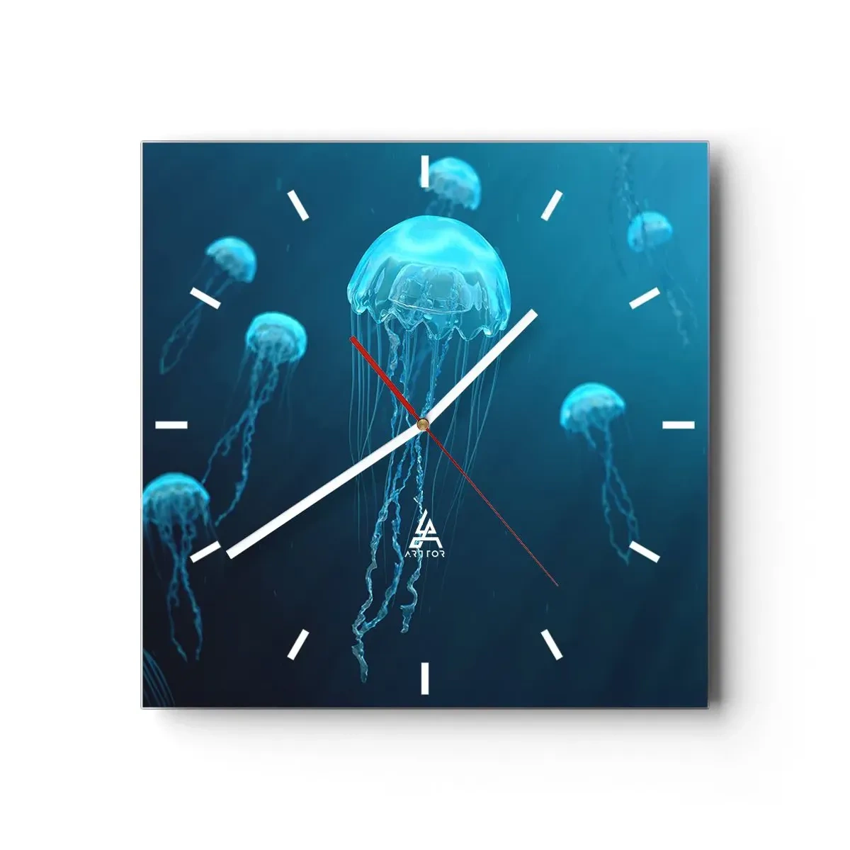 Zegar ścienny - Meduzy unoszące się w głębinach oceanu w niebieskiej tonacji - 30x30cm - Oceaniczny taniec - Nowoczesna dekoracja ścienna do salonu i sypialni ARTTOR